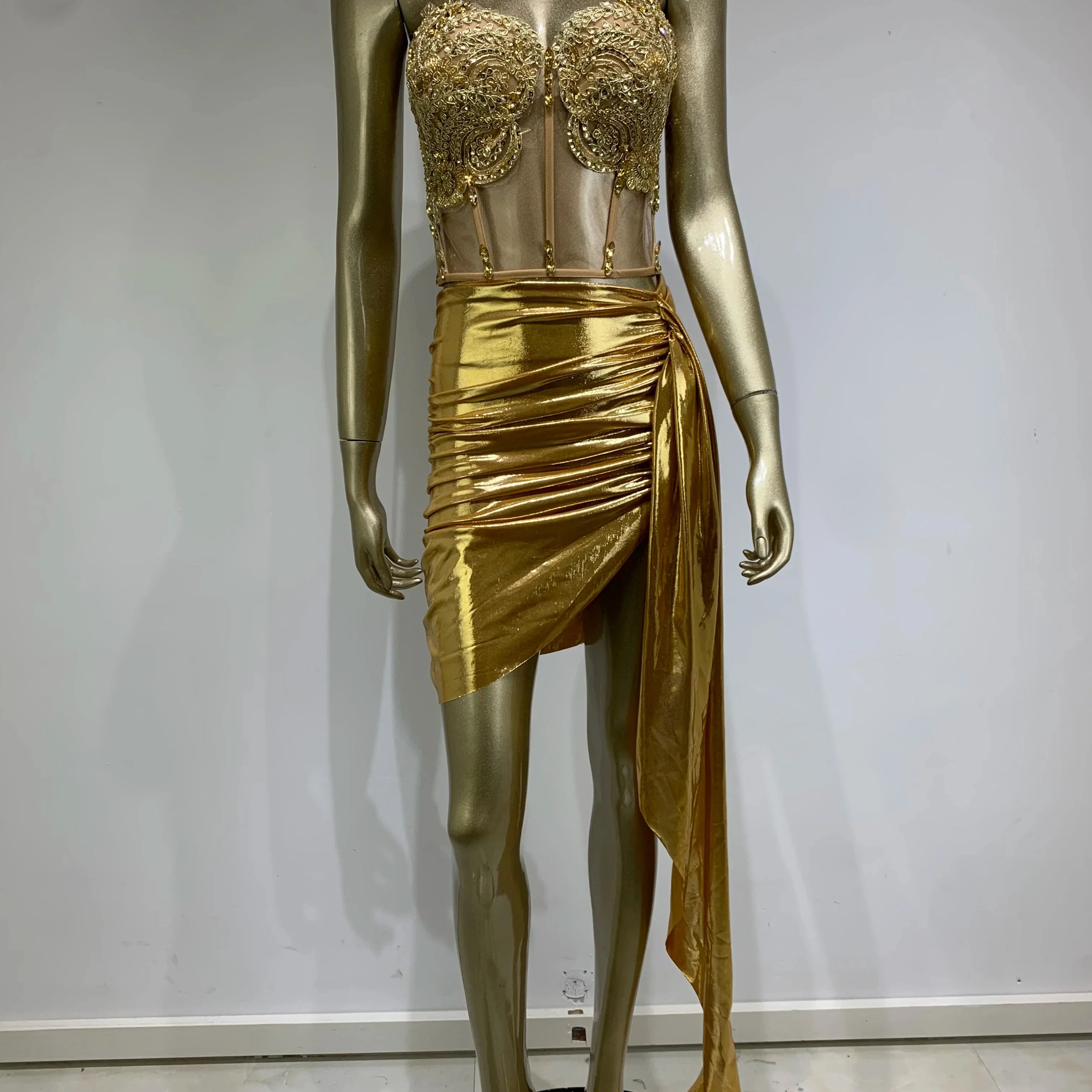 Stock Women Strapless Backless Gold Ruched Mini Skirt Set Birthday Party Costume Bar Nightclub Stage Performance Clothing