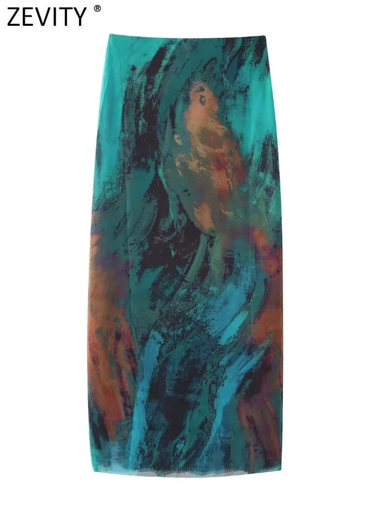ZEVITY New Women Fashion Tie Dye Print Mesh Slim A Line Skirt Vintage High Waist Color Matching Female Midi Skirts Mujer QUN5433