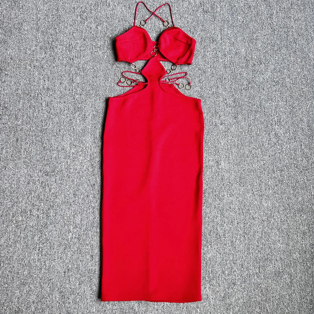 Red Black Color Women Sleeveless Sexy Strap V-Neck Keyholes Bodycon Long Bandage Dress Fashion Celebrate Nightclub Party Dress