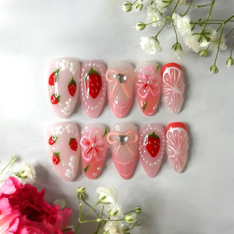 24pcs Sweet Cool Press on Nails with Red Flower Print Y2k False Nails for Girl Wearable Detachable French Almond Fake Nail Tips