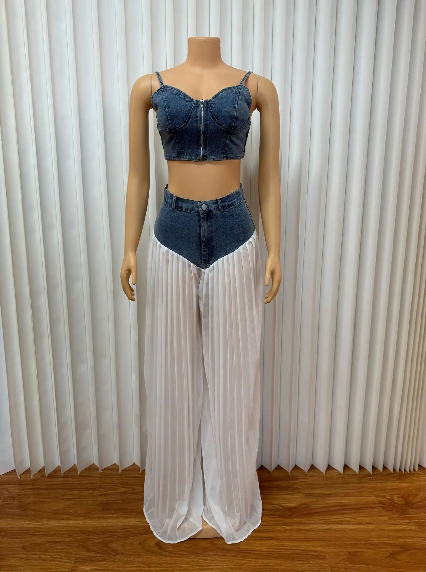 CM.YAYA Fashion Denim Chiffon Women's Set Strapless Crop Top and Jeans Pants Suits 2025 Sexy Party Club Two 2 Piece Set Outfits