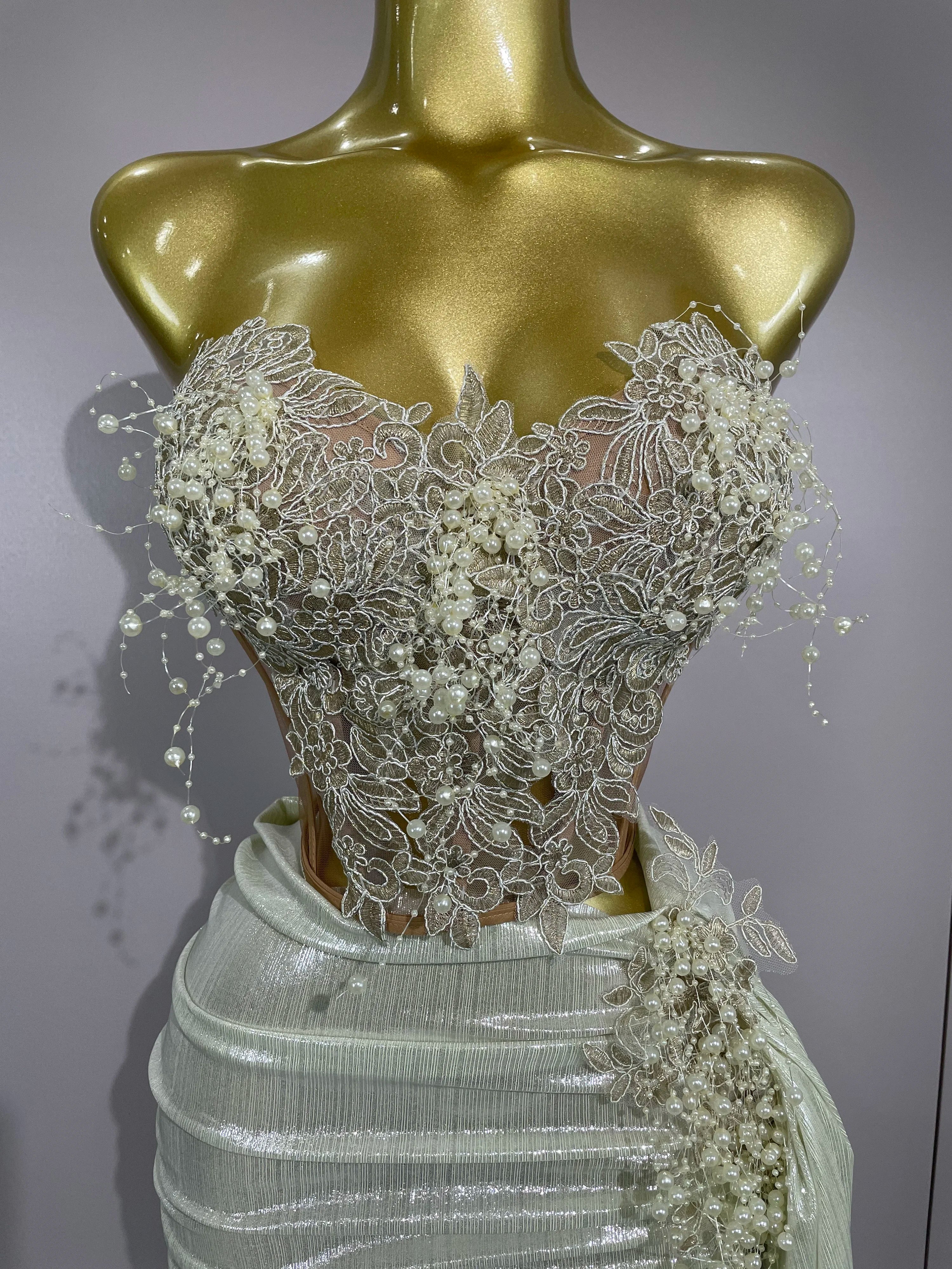 STOCK Luxury Shining Pearls Sexy Asymmetrical Skirt 2 PCS Set 2025 Women Evening Birthday Party Stage Dancer Performance Costume