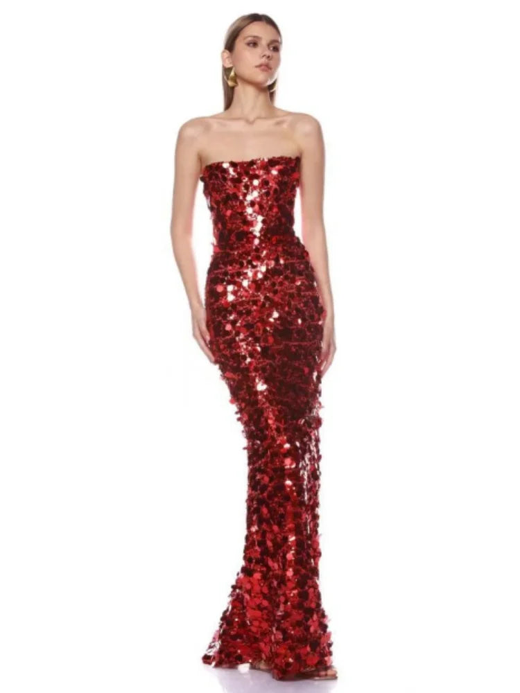 Christmas Style Women Shinning Red Sequins Strapless Bodycon Long Dress Celebrate Birthday Party Nightclub Outfit Vestido