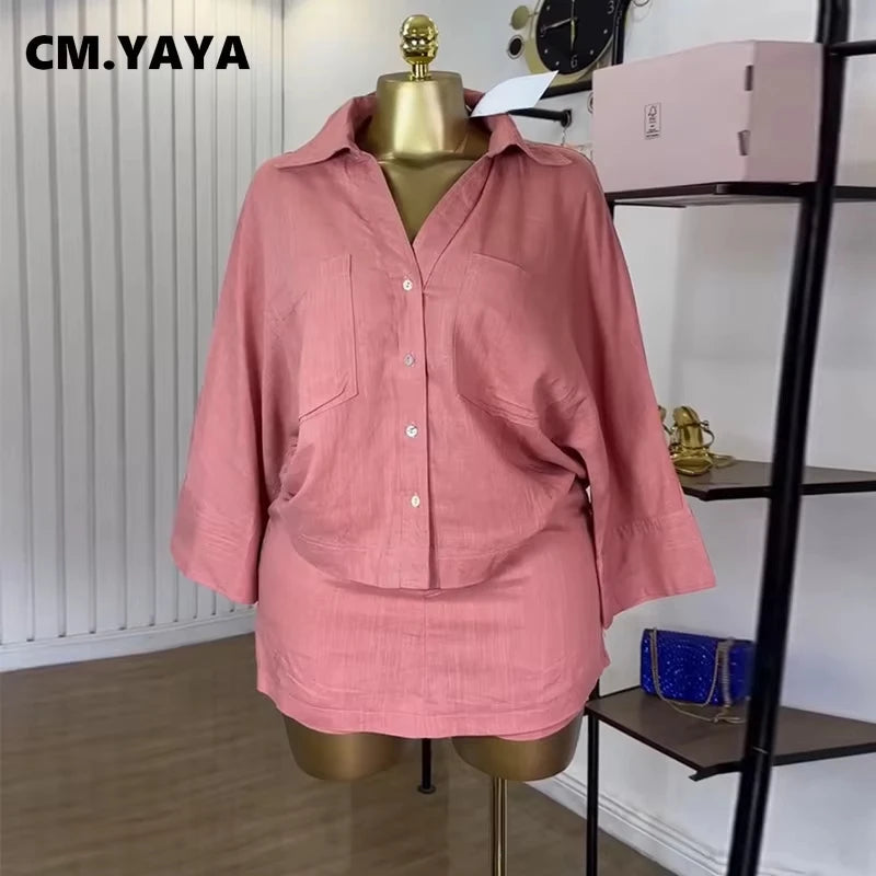 CM.YAYA Fashion Women's Set Full Sleeve Turn-down Collar T-shirt and Skirts Shorts 2025 Chic Two 2 Piece Sets Outfit Tracksuits