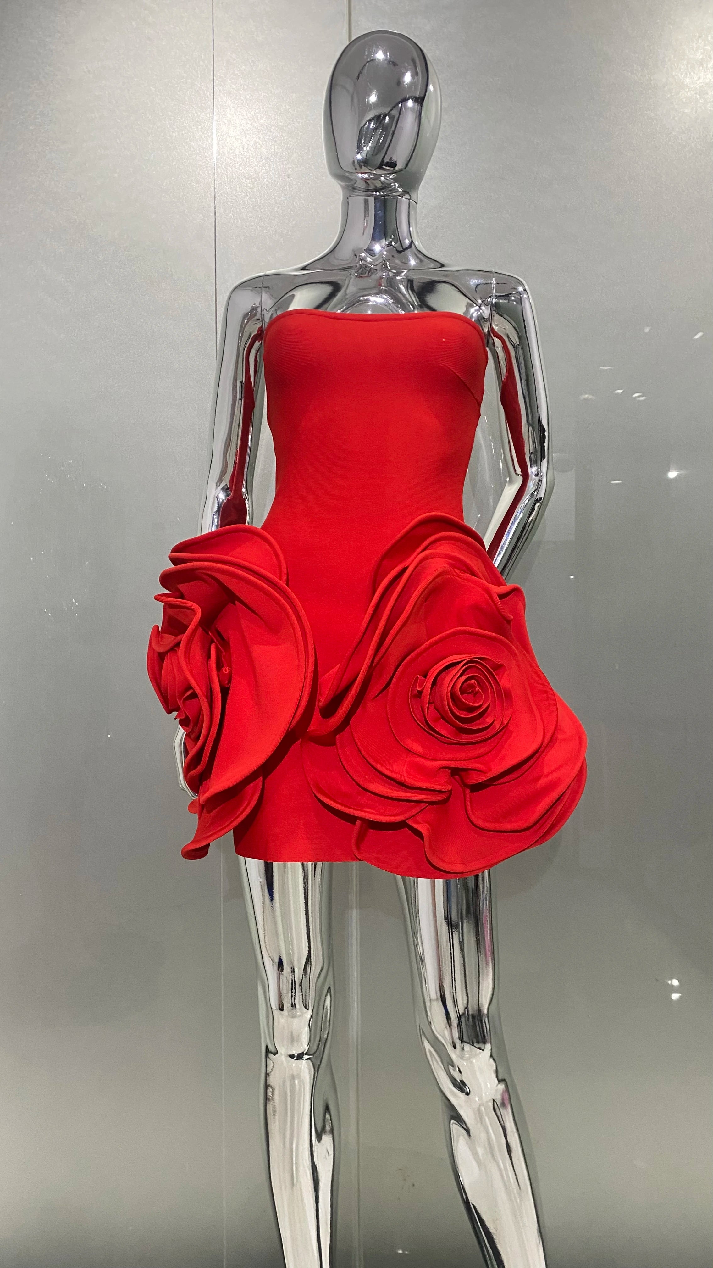 New Stereoscopic Flowers Strapless Red Bandage Mini Evening Dress Fashion Woman Birthday Party Dress Celebrity Party Outfit