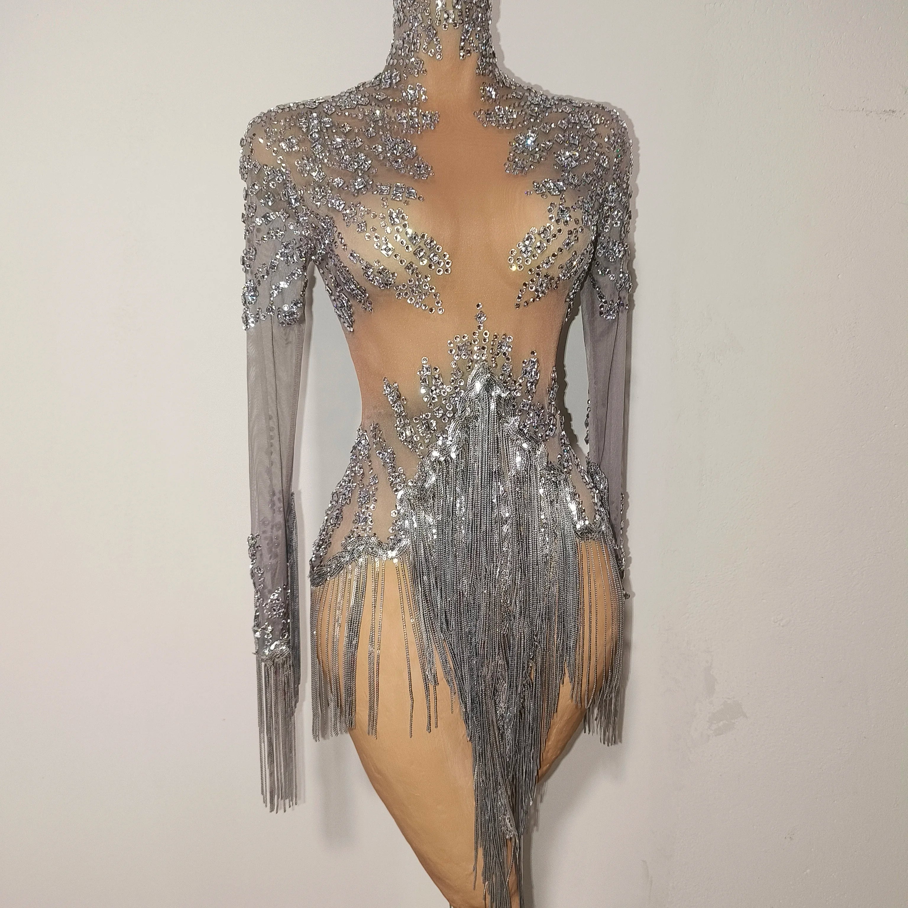 Women Sexy Mesh Silver Gray Crystal Stretchy Night Club Singer Dancer Tassel Dancer tage Costume Mini Party Dress