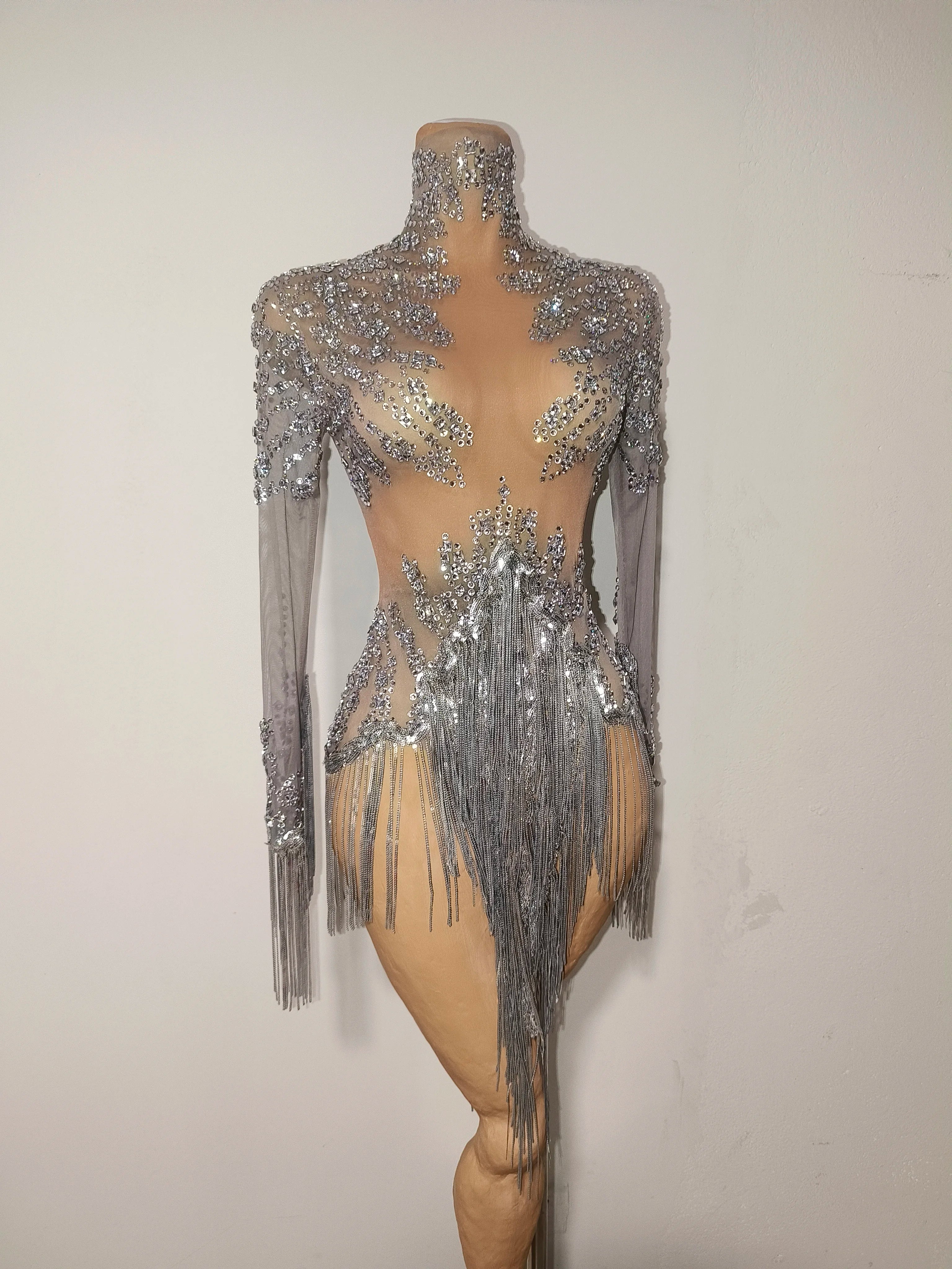 Women Sexy Mesh Silver Gray Crystal Stretchy Night Club Singer Dancer Tassel Dancer tage Costume Mini Party Dress