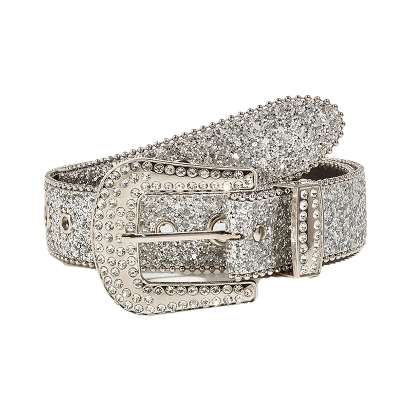Shinning for Rhinestone Belts Women PU Leather Western Y2K Girls Belt for Jeans Silver