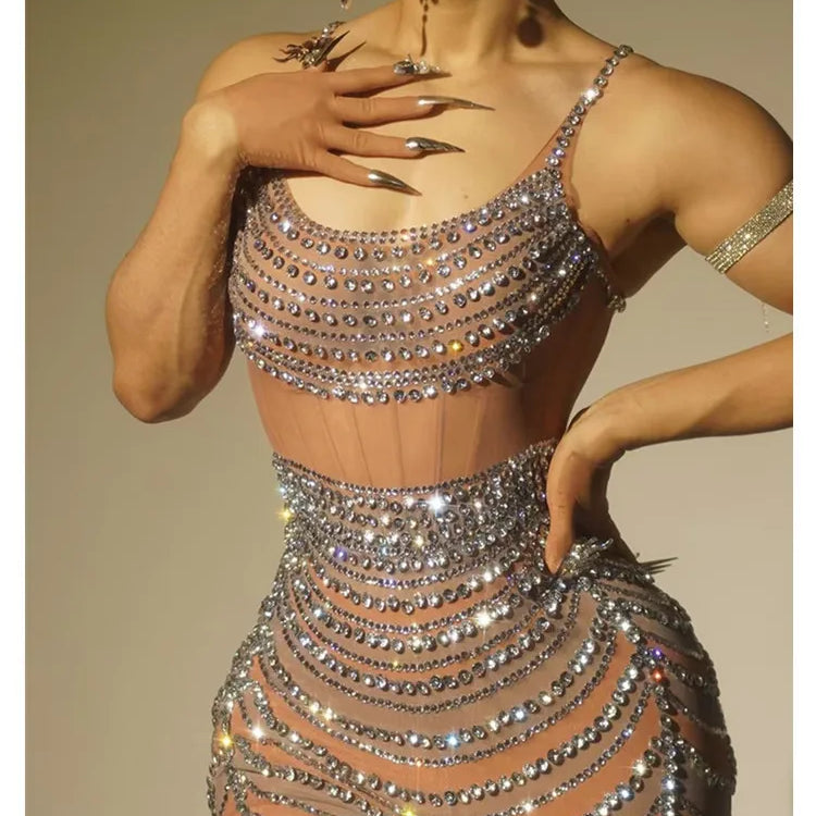 Celebridades femininas sensuais com decote em U, cristais e diamantes, minivestido de malha, fantasia para festa de aniversário, bar, boate, palco, roupa para apresentação