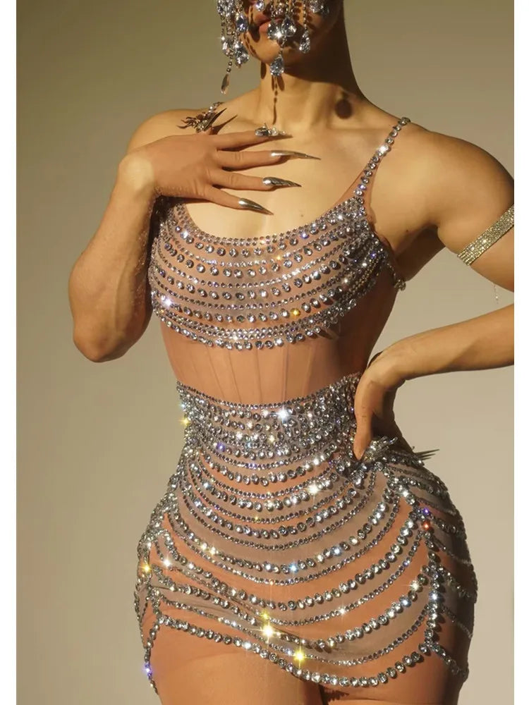 Celebrity Women Sexy U Neck Crystal Diamonds Mesh Mini Dress Birthday Party Costume Bar Nightclub Stage Performance Outfit