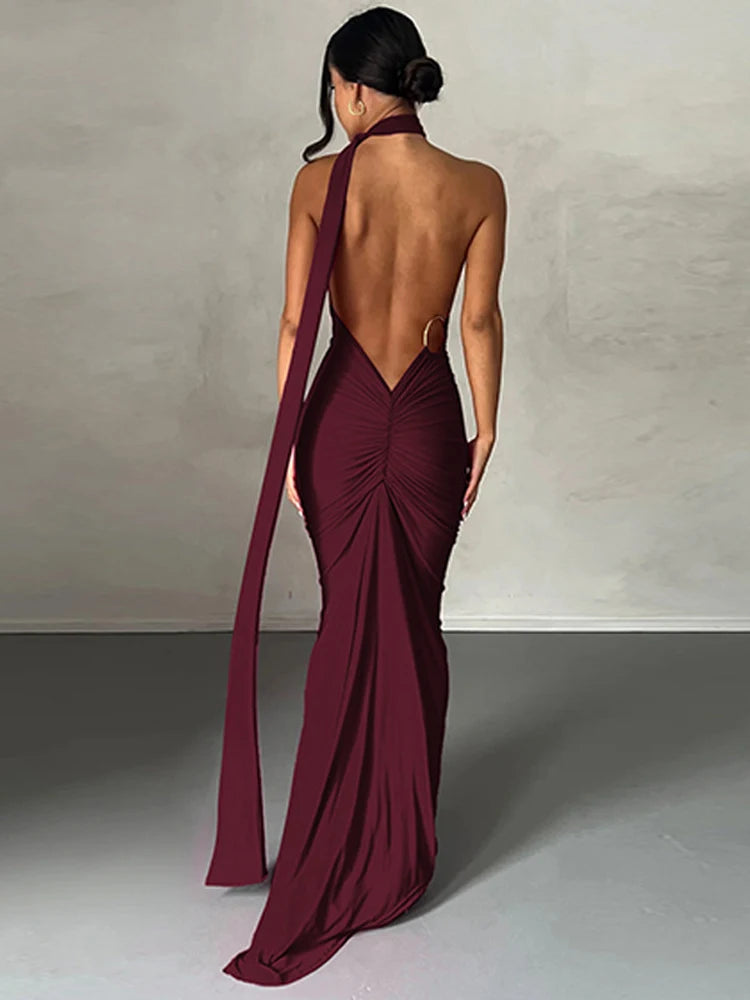 Ladies Night Club Wear Neon Y2K Summer Outfits Women Sleeveless Backless Halter Ruched Bodycon Evening Maxi Dress Birthday Party Burgundy