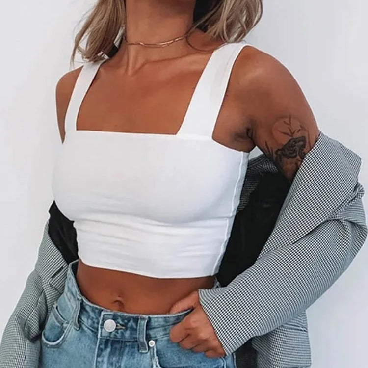 Square Neck Sleeveless Summer Crop Top White Women Black Casual Basic T Shirt Off Shoulder Cami Sexy Backless Tank Top WHITE