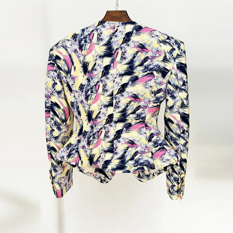 TWOTWINSTYLE Hit Color Spliced Printing Fashion Jackets for Women V Neck Long Sleeves Patchwork Button Elegant Jacket Female New