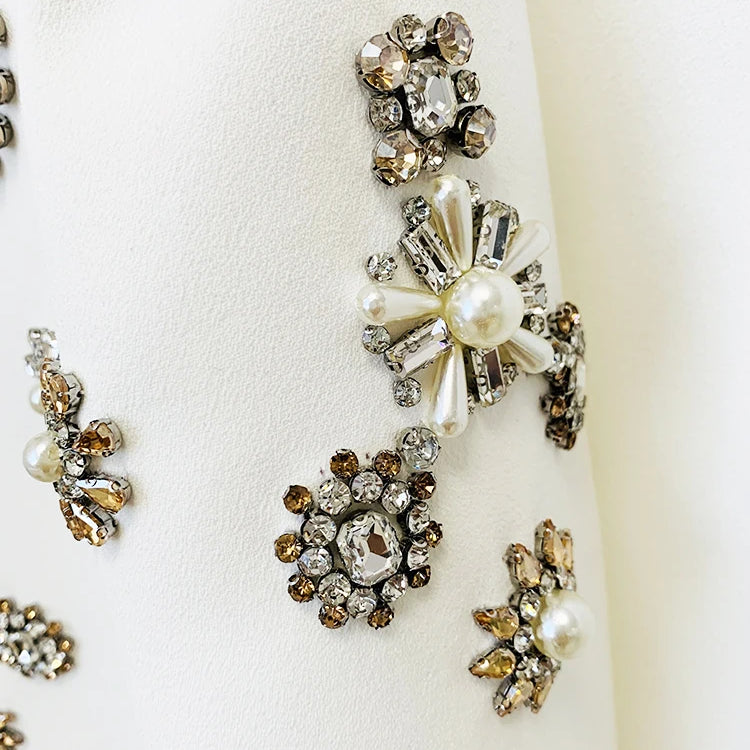 HIGH STREET est Fashion 2024 Designer Suit Set Women's Pearls Diamonds Rhinestone Beaded Trimed Jacket Flare Slit Pants Suit