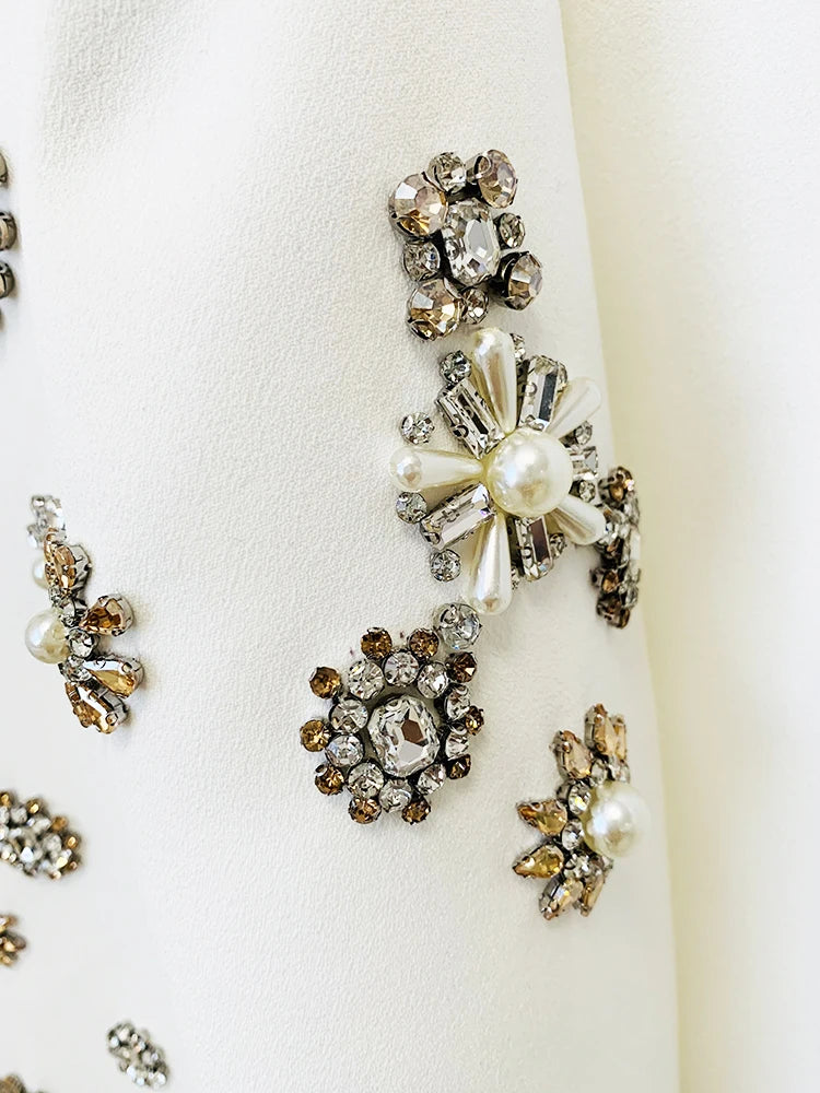 HIGH STREET est Fashion 2024 Designer Suit Set Women's Pearls Diamonds Rhinestone Beaded Trimed Jacket Flare Slit Pants Suit