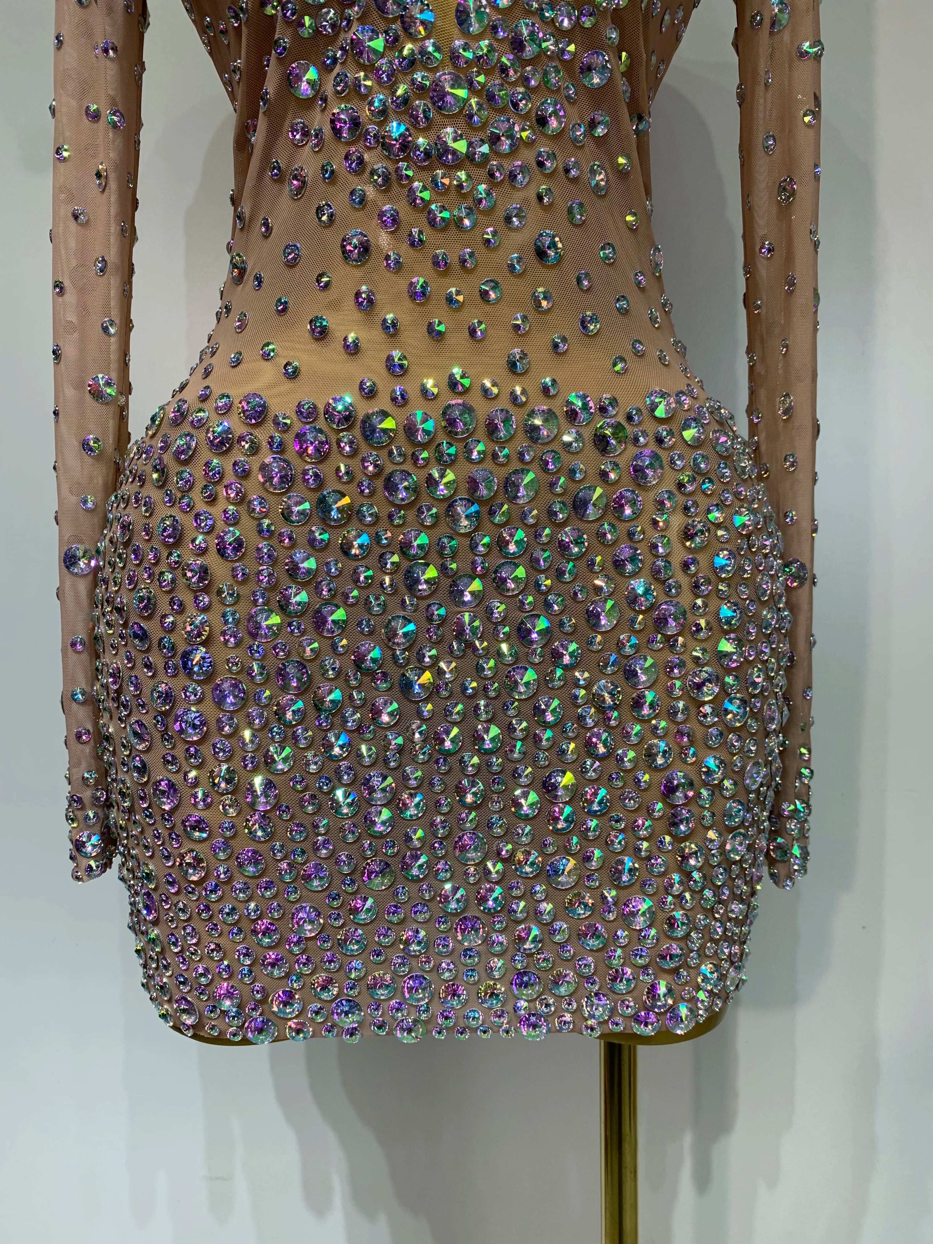 Sparkly Luxury Rhinestones Colourful Mini Dress Women Sexy Mesh See Through Birthday Performance Costume Dancer Stage Wear
