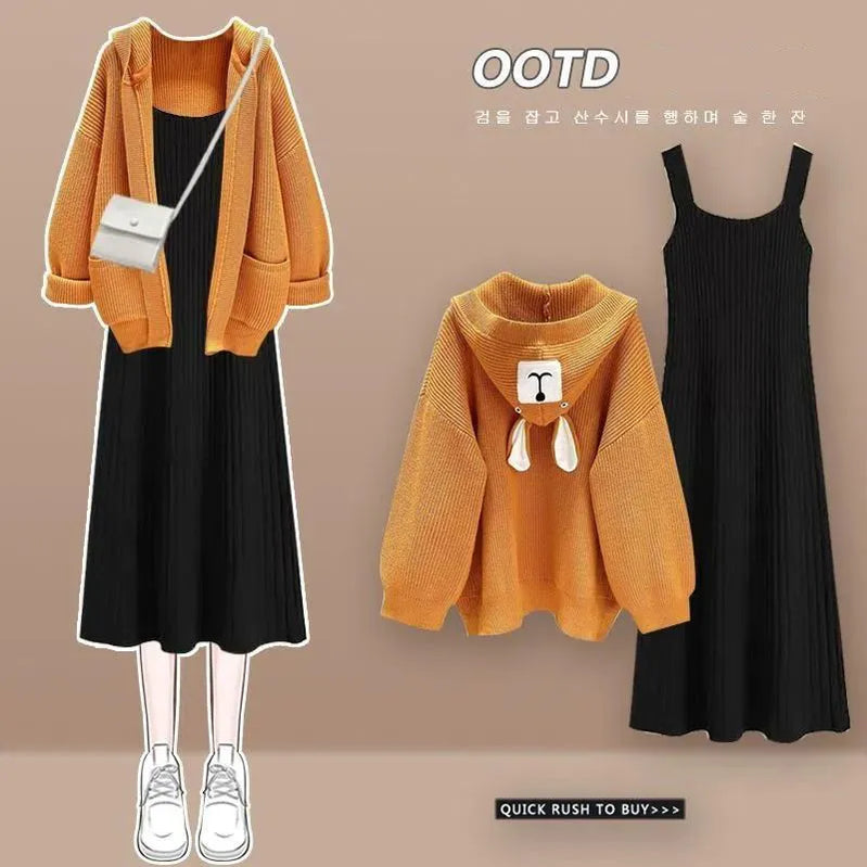 Autumn Winter New Knitted Dress Women Matching Set Korean Elegant Hooded Coat Sling Skirt Two Piece Female Casula Suit
