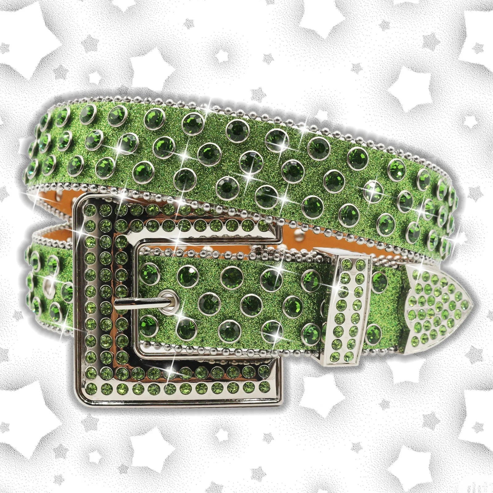 Vintage Dark Rhinestone Rivet Belt for Women Sequin Punk Hip Hop Jeans Accessories Luxury Designer bb Belt Beautiful FK-Green