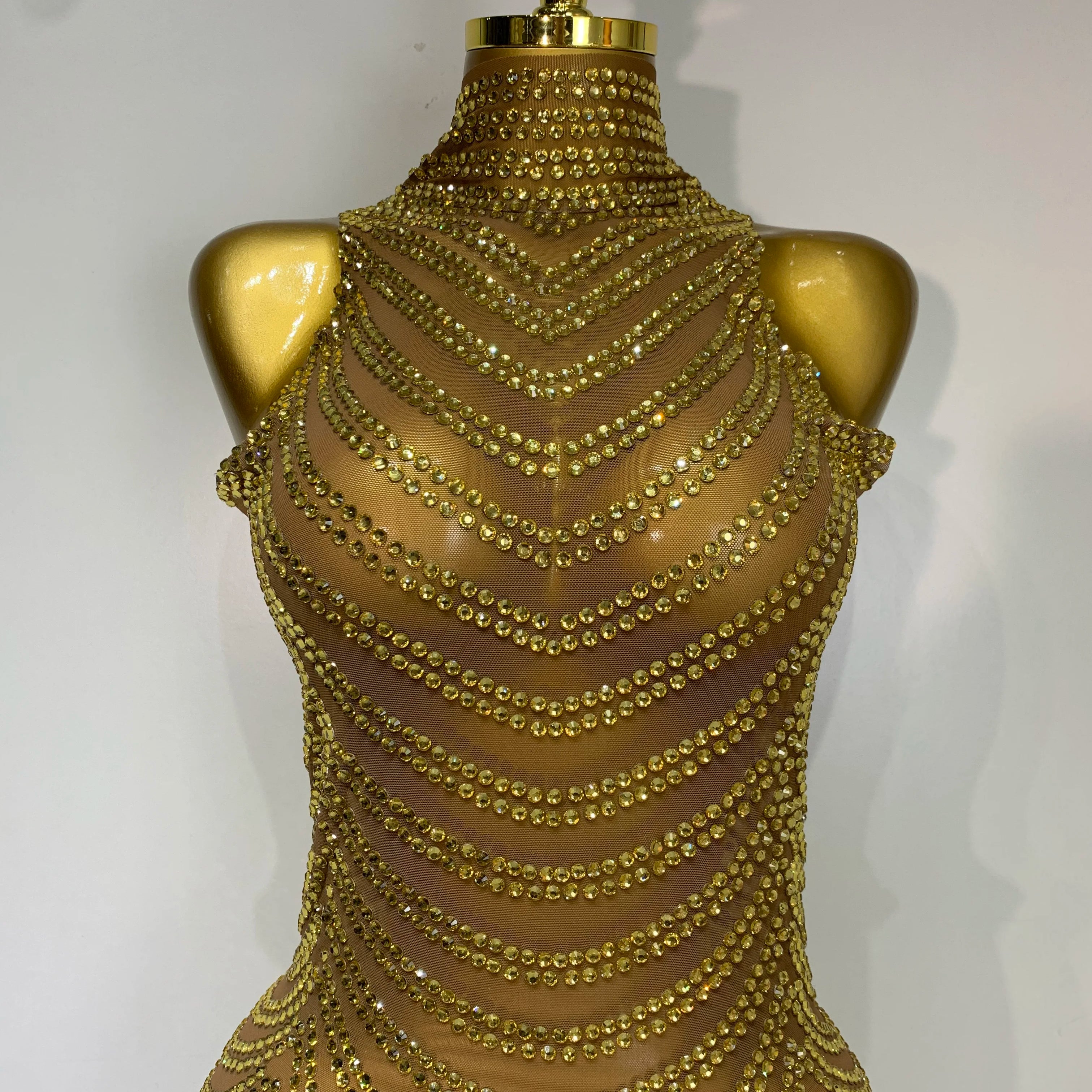 Women Sexy Sparkly Rhinestone Gold Maxi Dress Mesh See Through Evening Party Singer Stage Perform Costume Luxury Birthday Gown