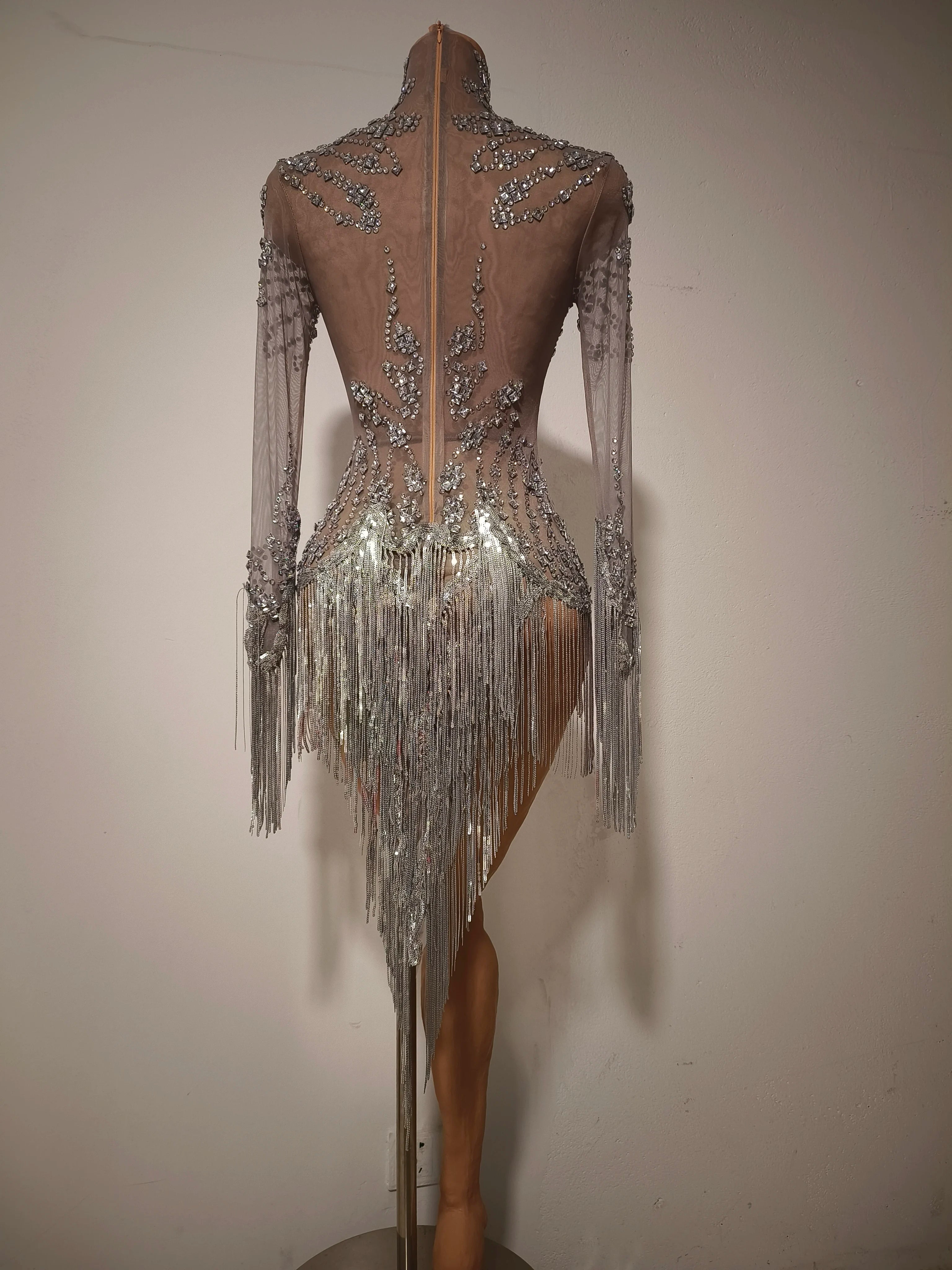 Women Sexy Mesh Silver Gray Crystal Stretchy Night Club Singer Dancer Tassel Dancer tage Costume Mini Party Dress