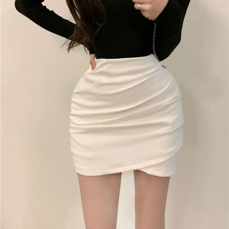 Korean Fashion Mini Skirt Women Solid High Waist Irregular Folds Hip Wrap Pencil Skirt Ladies Sexy Slim Short Skirts WHITE