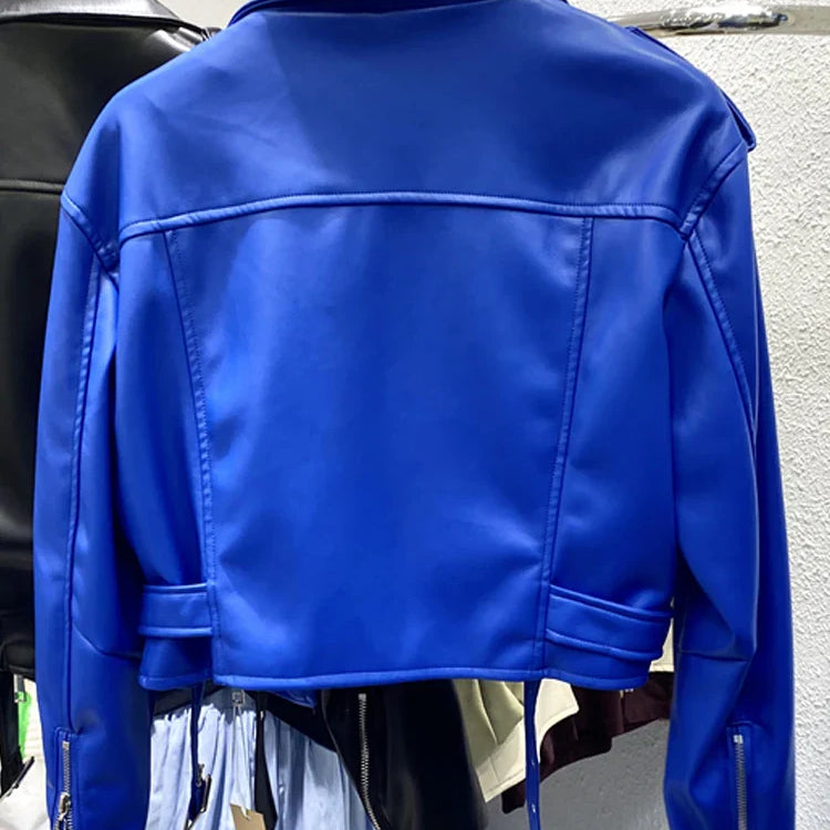 Spring Autumn Short Blue Soft Pu Leather Biker Jacket Women Zipper Long Sleeve Belt Cool Luxury Designer Clothes 2022