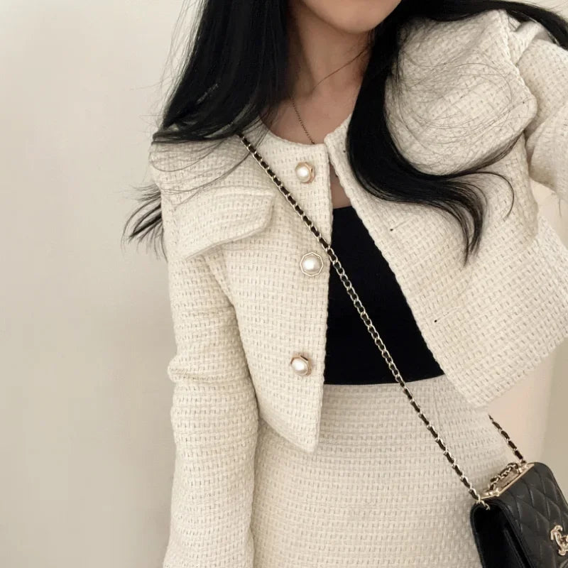 Spring New Single Breasted Tweed Jackets Coat + High Waist Mini Skirt 2 Piece Sets Women Outfit Elegant Luxury Office Suit