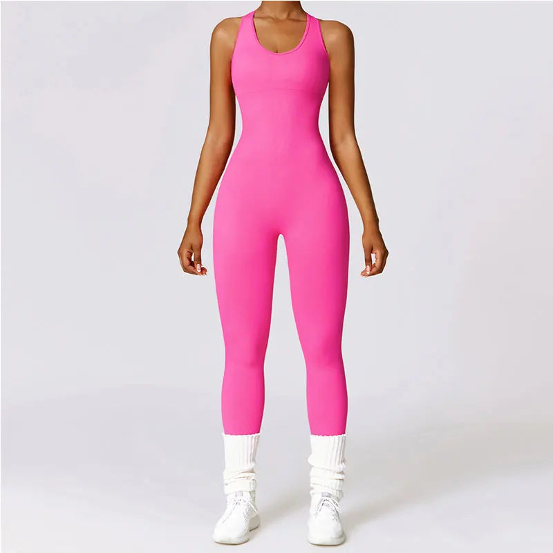 New Yoga Set Seamless Women's Jumpsuits One-Piece Gym Push Up Workout Clothes Fitness Bodysuit Sportswear Tracksuit Short Sleeve rose red CHINA