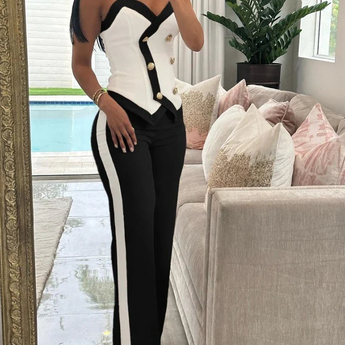 Two Piece Set Women Outfit Summer Fashion Double Breasted Chain Strap V-Neck Cami Top & Casual Daily Straight Leg Pants Set B