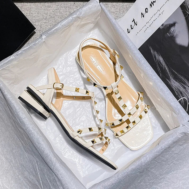 Summer low heel women rivets sandals thin ribbon fashion Korean design girls shoes large size wear slippers free delivery
