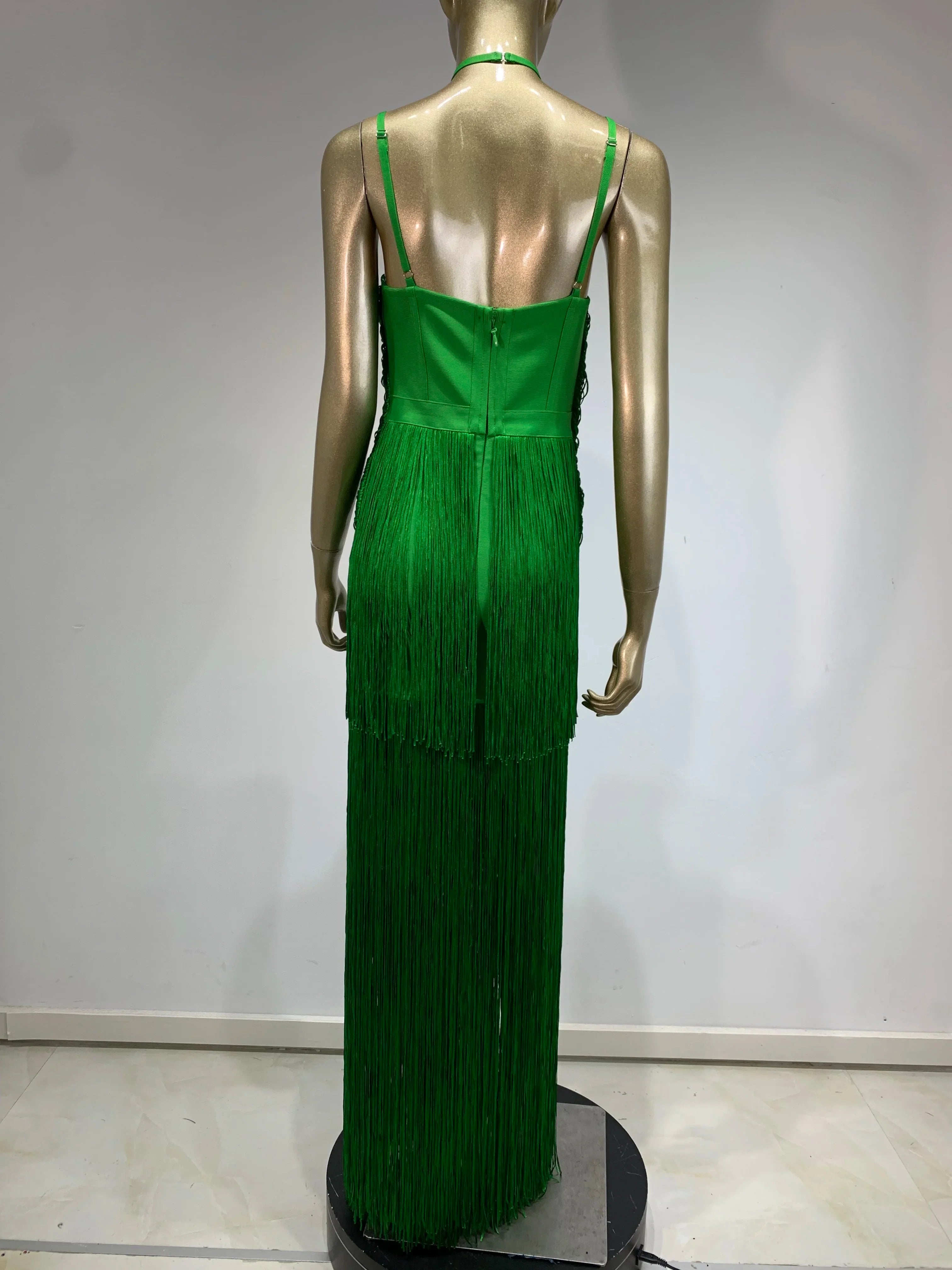 Vestido bandage bodycon feminino luxuoso, sexy, com borlas, costas nuas, verde, comprimento até o tornozelo, elegante, roupa para festa noturna
