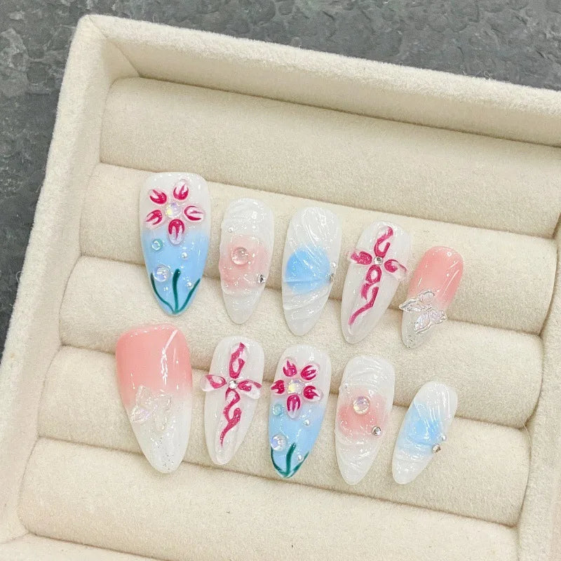 10 peças Y2K unhas de gel artesanais com cola, estilo amêndoa doce e fria, laço metálico, design de unhas 3D azuis, unhas postiças de acrílico com pressão