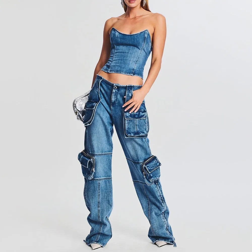Denim Vintage Two Piece Sets For Women Strapless Sleeveless Tops High Waist Spliced Pockets Pant Casual Set Female