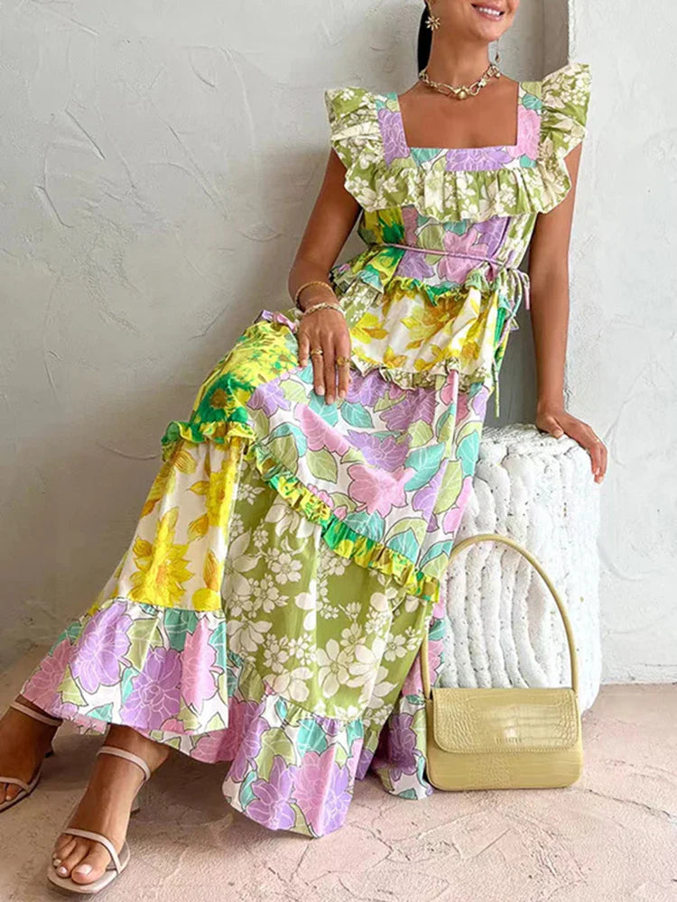 LGRQ Trendy Ruched Hemline Design Printed Long Dresses Summer Ruffle Fashion Sleeveless Elegant Luxury Dress Girls 19F1381