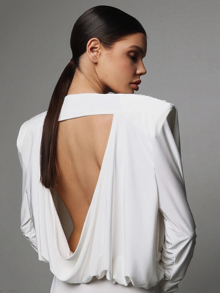 Backless Long Sleeve Sexy Bodysuits For Women Tops Fashion Solid O Neck Ruched Bodysuit Female Spring Elegant Bodysuit