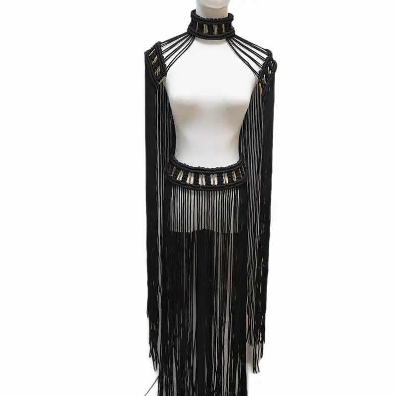 Tassel Hand Crochet Knitted Women Bikini Cover Ups 2023 Summer Holiday Beach Bathing Suit Sexy Hollow Out Skirts Matching Set A03black One Size