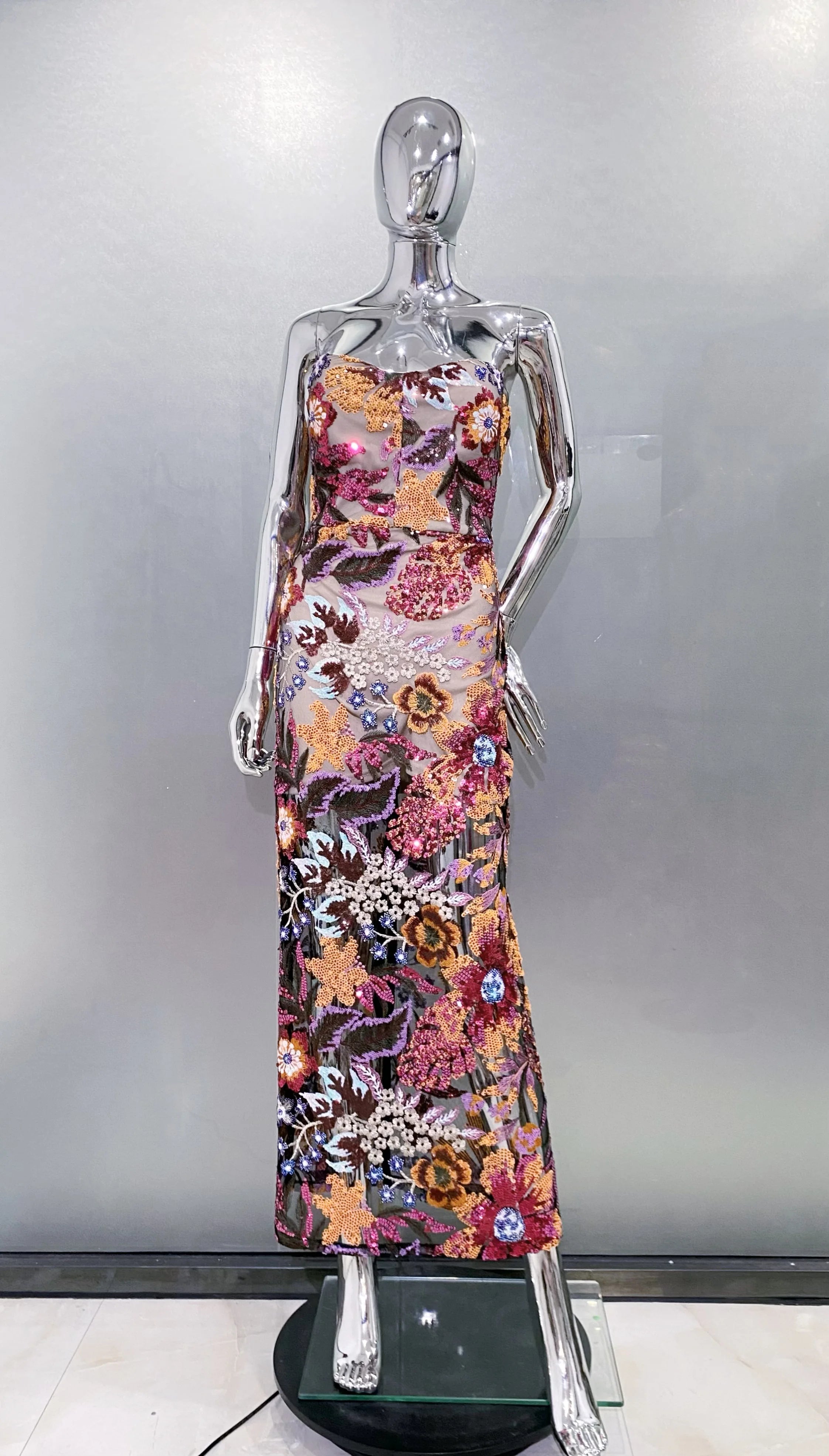 Sequin Flowers Embroidery Sexy Mesh See Through Strapless Ankle Length Dress Elegant Woman Evening Dress Celebrity Party Outfit