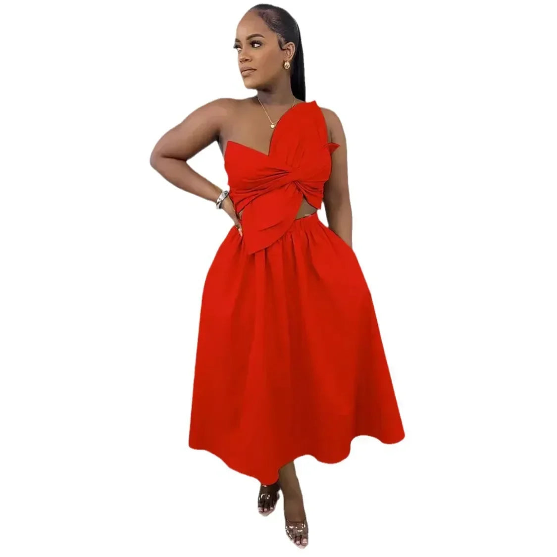 CM.YAYA Women Big Petal Front Strapless Midi Long Dress 2024 Summer Street Vestidos Sexy Party Evening Chic Big Swing Dresses