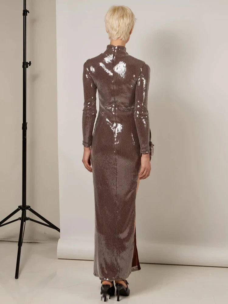 Brown Shinning Sequins Womne Long Sleeve Sexy Florals Bodycon Long Dress High Split Nightclub Party Celebrate Birthday Dress