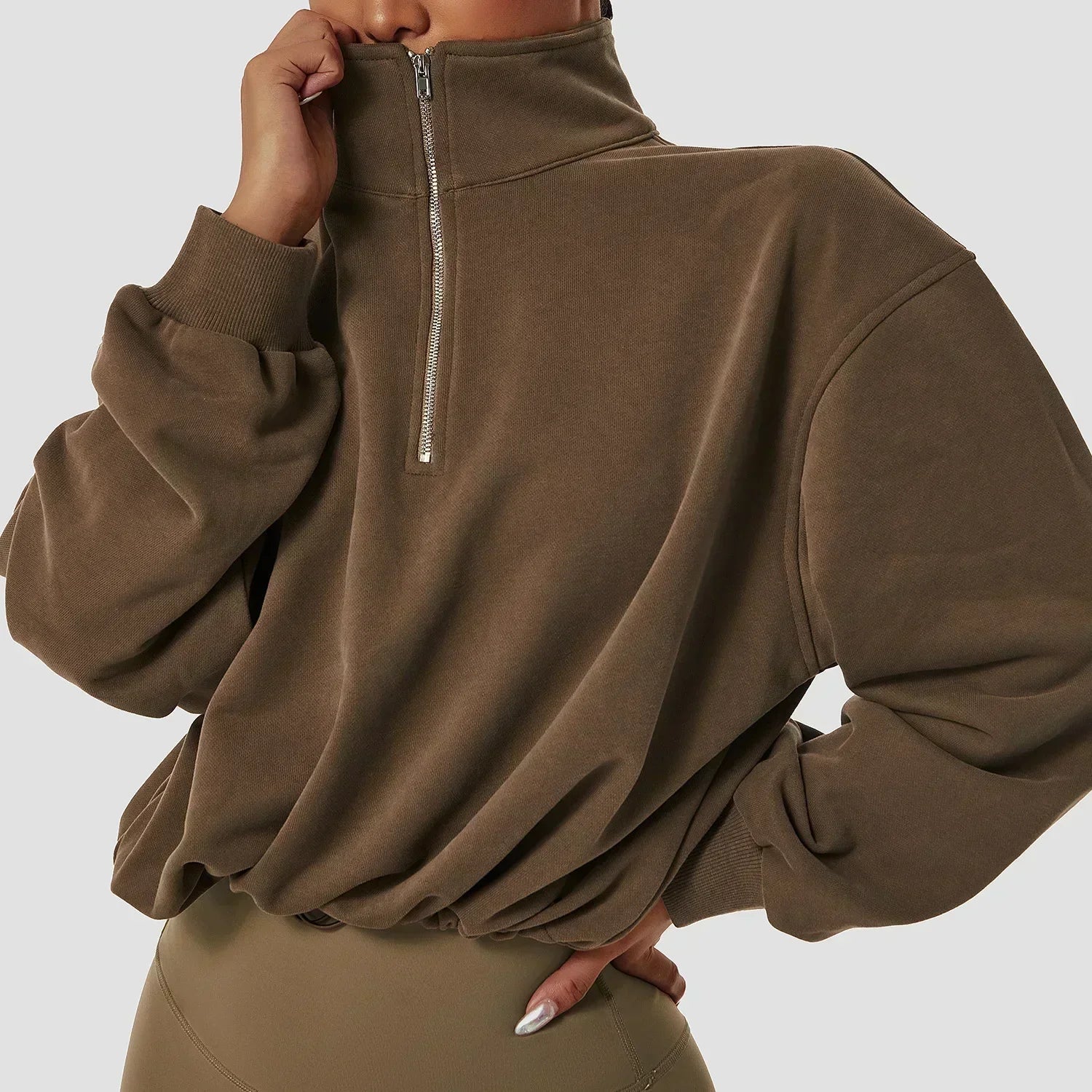 Yoga Pullover High Neck Fitness Sports Sweater Women's Running Rope Zipper Women's Loose Long sleeved Sweater maroon