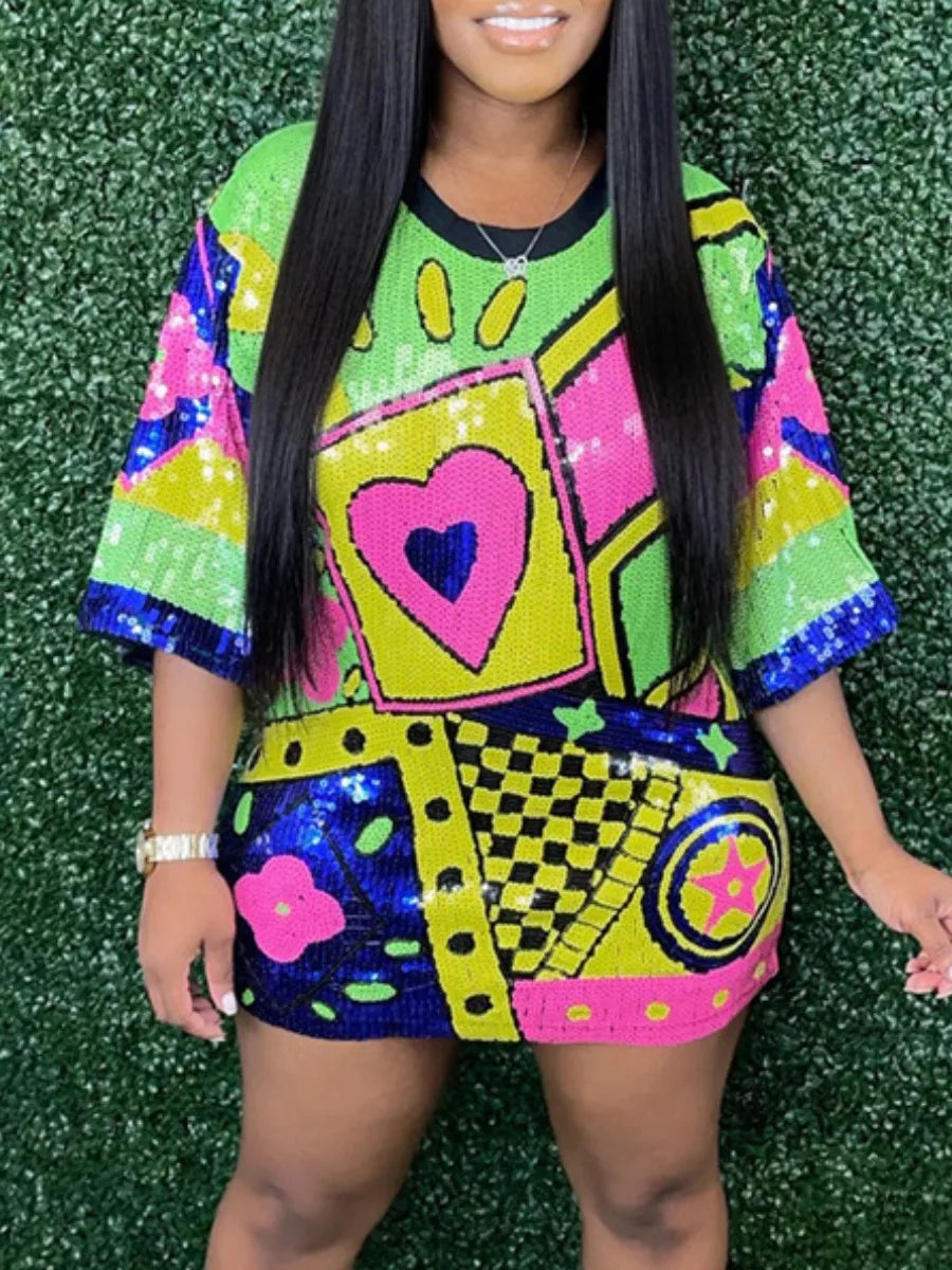 LW Multicolor Sequins Mini Dresses Heart Plaid Decor Sequin T-shirt Loose Dress Half Sleeve Color Block Party Night Clubwears Yellow