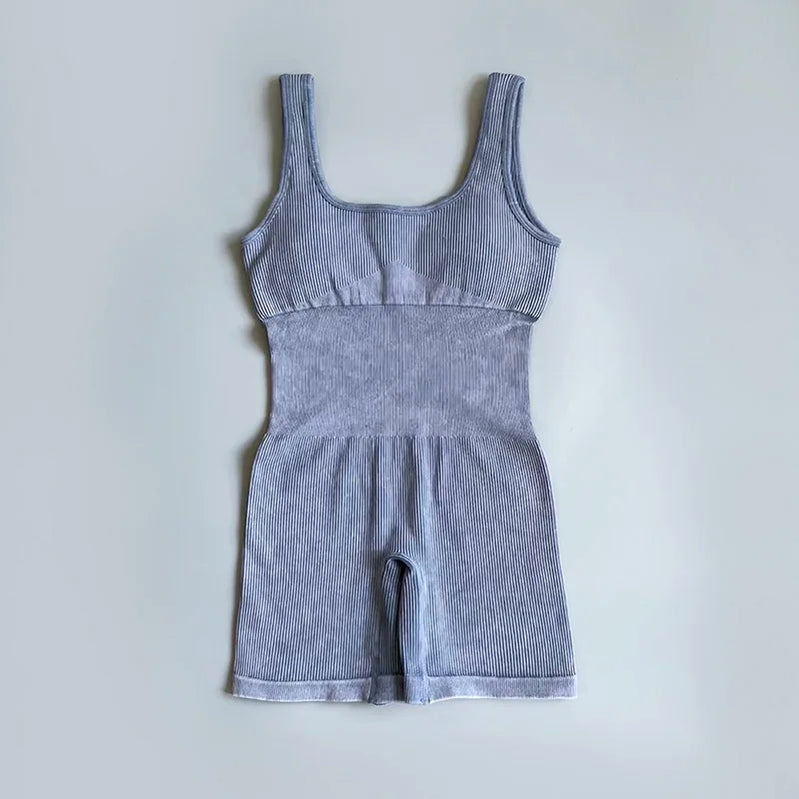 Women's Yoga Jumpsuits Ribbed One Piece Padded Tank Tops Rompers Sleeveless Acid Wash Activewear Unitard Sexy Bodycon Gray