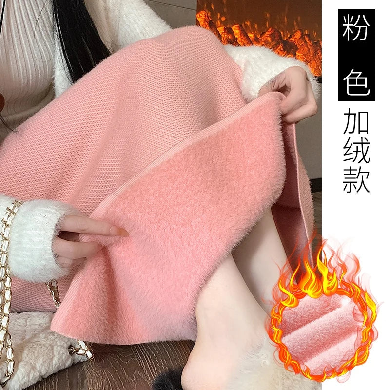 Women Sweater Skirt Pencil Knitted Skirt High Waist Skirts Womens Winter 2023 Long Warm Knitting Skirts Straight Split Bottoms Pink Plus velvet