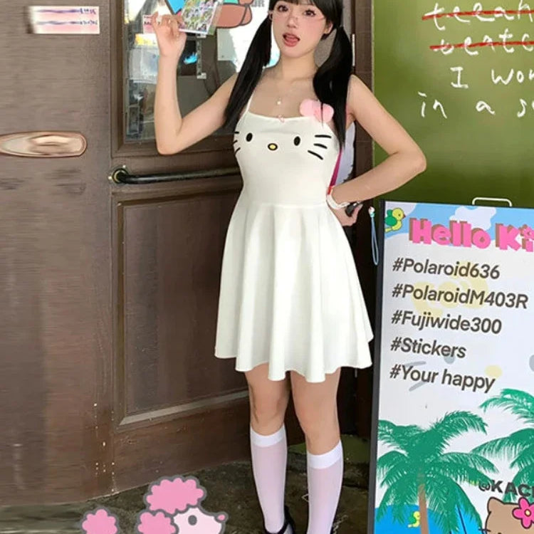 HOUZHOU Kawaii White Dress Women Japanese Y2k Cat Face Embroidery Cute Spaghetti Strap Mini Dress Bow Patchwork Anime Sundress