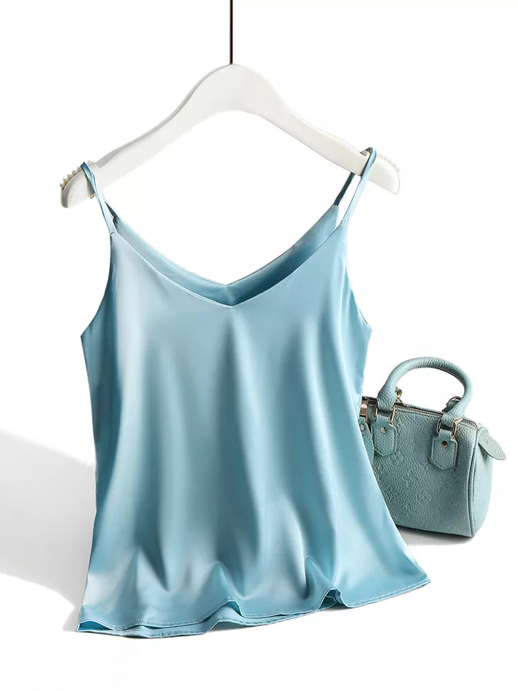 Spaghetti Strap Top Women Halter V Neck Basic White Cami Sleeveless Satin Silk Tank Tops Women'S Summer Camisole Blue