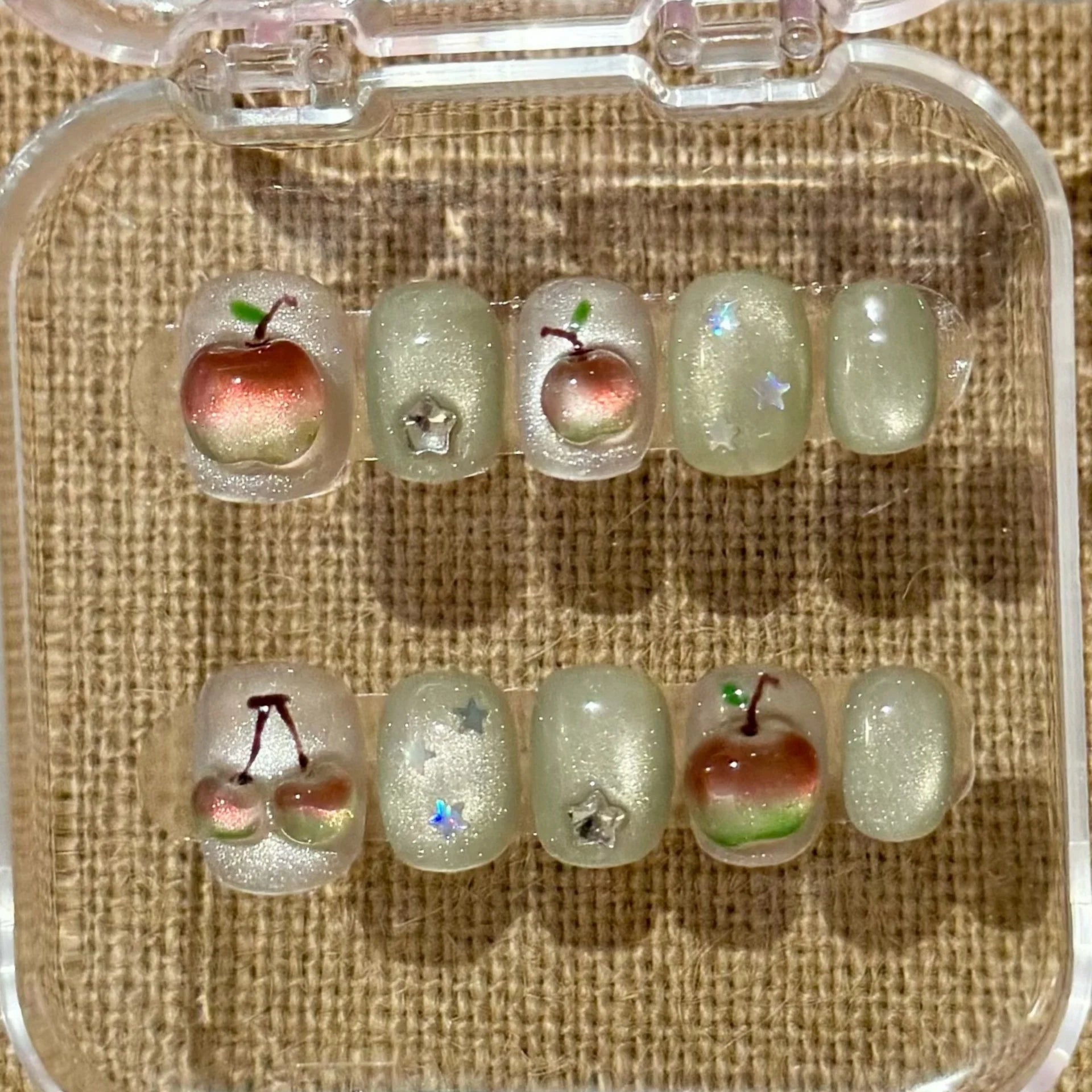 10pcs Pink Handmade Press on Nails Art Cute Cat's Eye Short Square Round Fake Nail Tips Wearable Cat Bow Design False Nails Sets