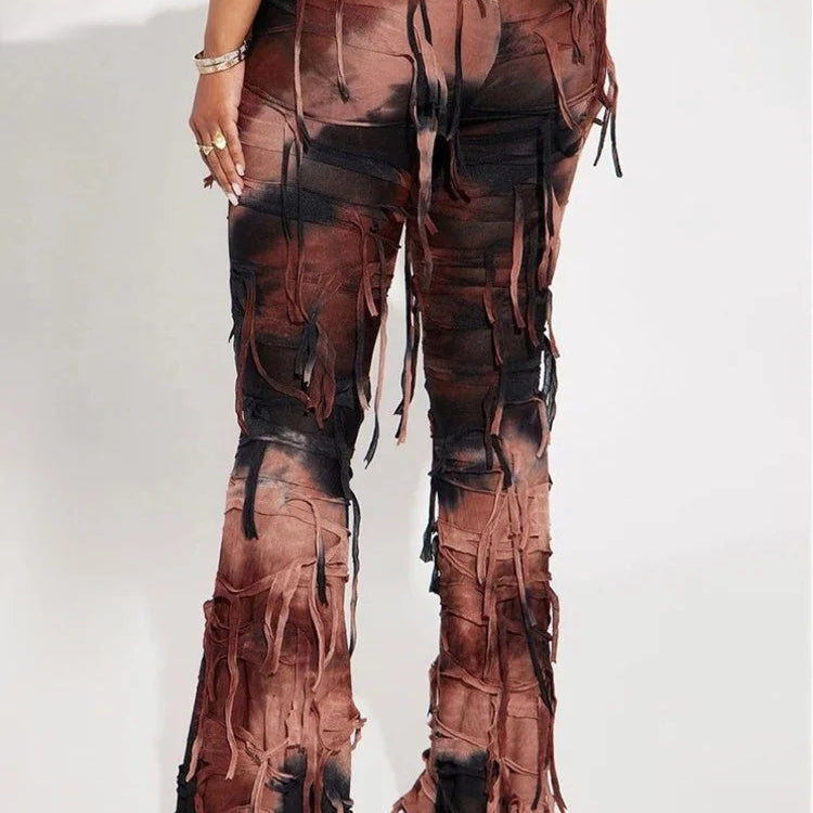 DEAT Fashion Women Casual Pant Fringe Lace-up Contract Color Slim Designer Floor-length Boot Cut Female Summer New 17A9439