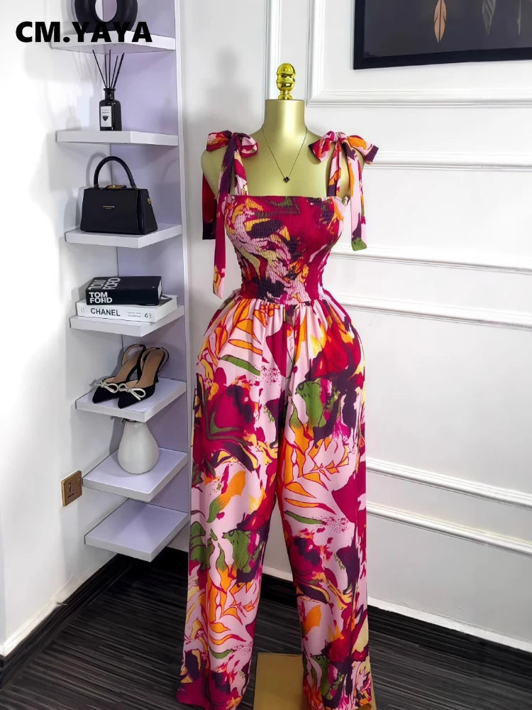 CM.YAYA Leaf Printed Women Bowknot Shoulder Sleeveless Jumpsuits 2025 Summer Beach Boho Holiday Outfits One Piece Suit Romper