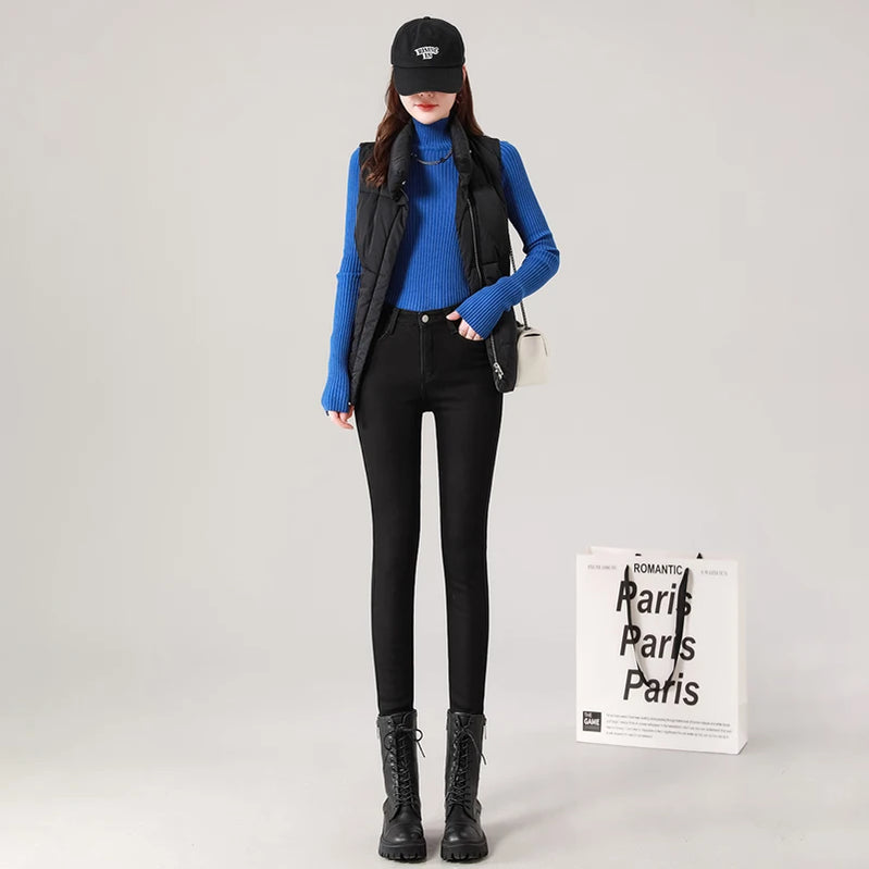 Winter Women Thermal Denim Skinny Stretch Jeans Oversized High Waist Plush Warm Lamb Fleece Mom Pants Plus Size Pencil Trousers