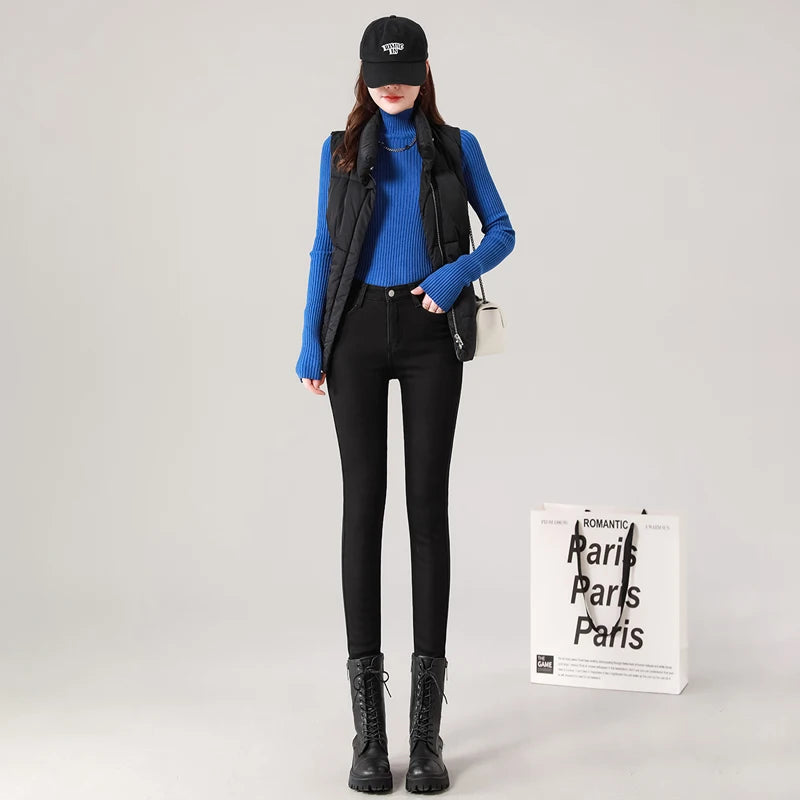 Winter Women Thermal Denim Skinny Stretch Jeans Oversized High Waist Plush Warm Lamb Fleece Mom Pants Plus Size Pencil Trousers